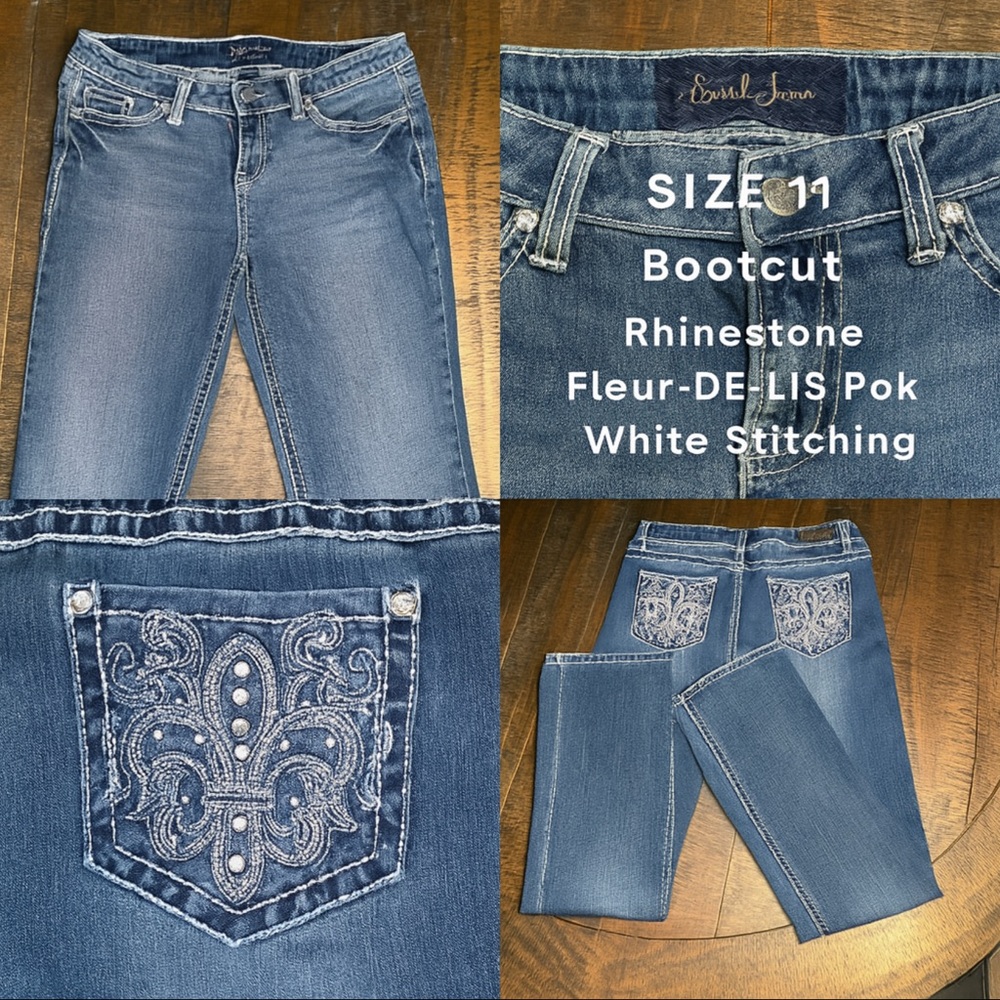 Earl Jean Blue Bootcut Jeans Women’s Size 11 Rhinestone Fleur De Lis Pockets